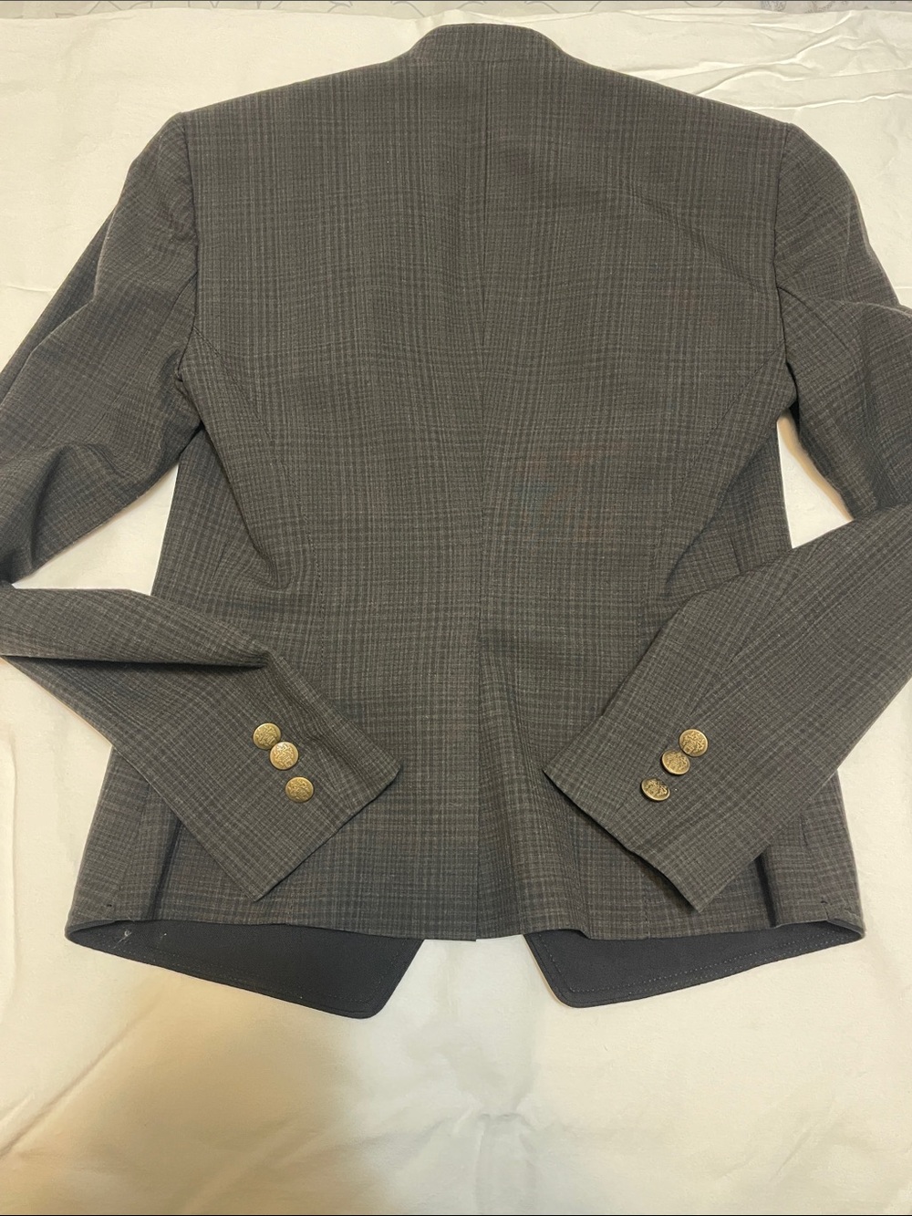 Womens Tailored Plaid Blazer Jacket in Dark Gray. Black collar. Tint of green - Picture 4 of 6